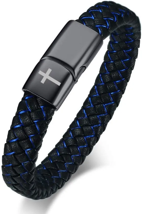 2-Tone Blue Braided Leather Cuff Bangle Bracelet Stainless Steel Clasp Faith Cross Religious Christian Wristband for Men Gift, Christian Jewelry Gift