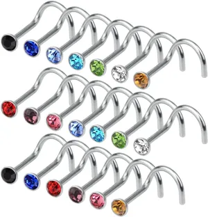 20 pieces 316L Stainless Steel Rhinestone Nose Stud Rings Body Piercing- 10 Mixed Color 2.2 MM
