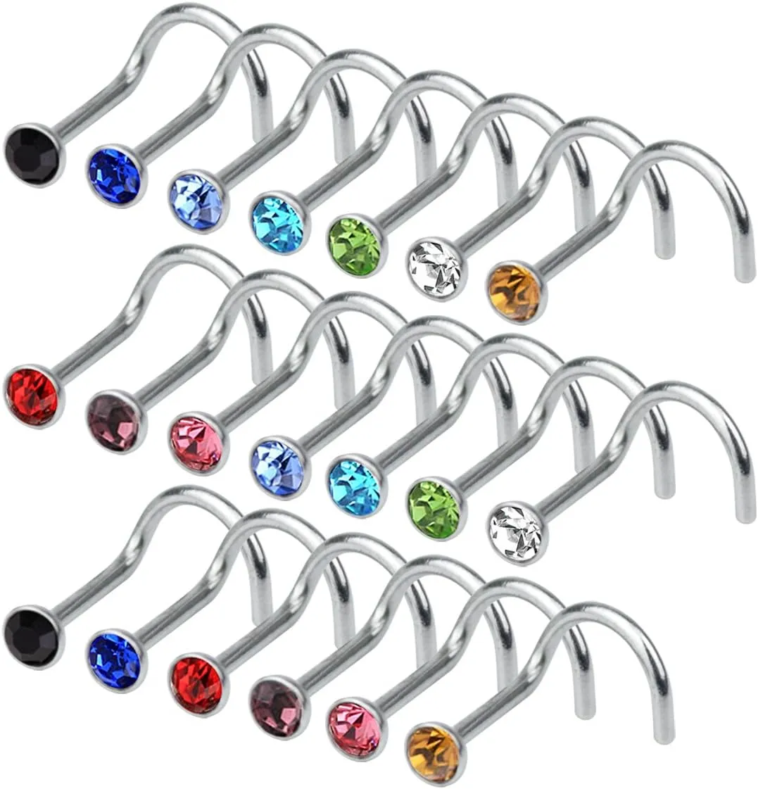 20 pieces 316L Stainless Steel Rhinestone Nose Stud Rings Body Piercing- 10 Mixed Color 2.2 MM