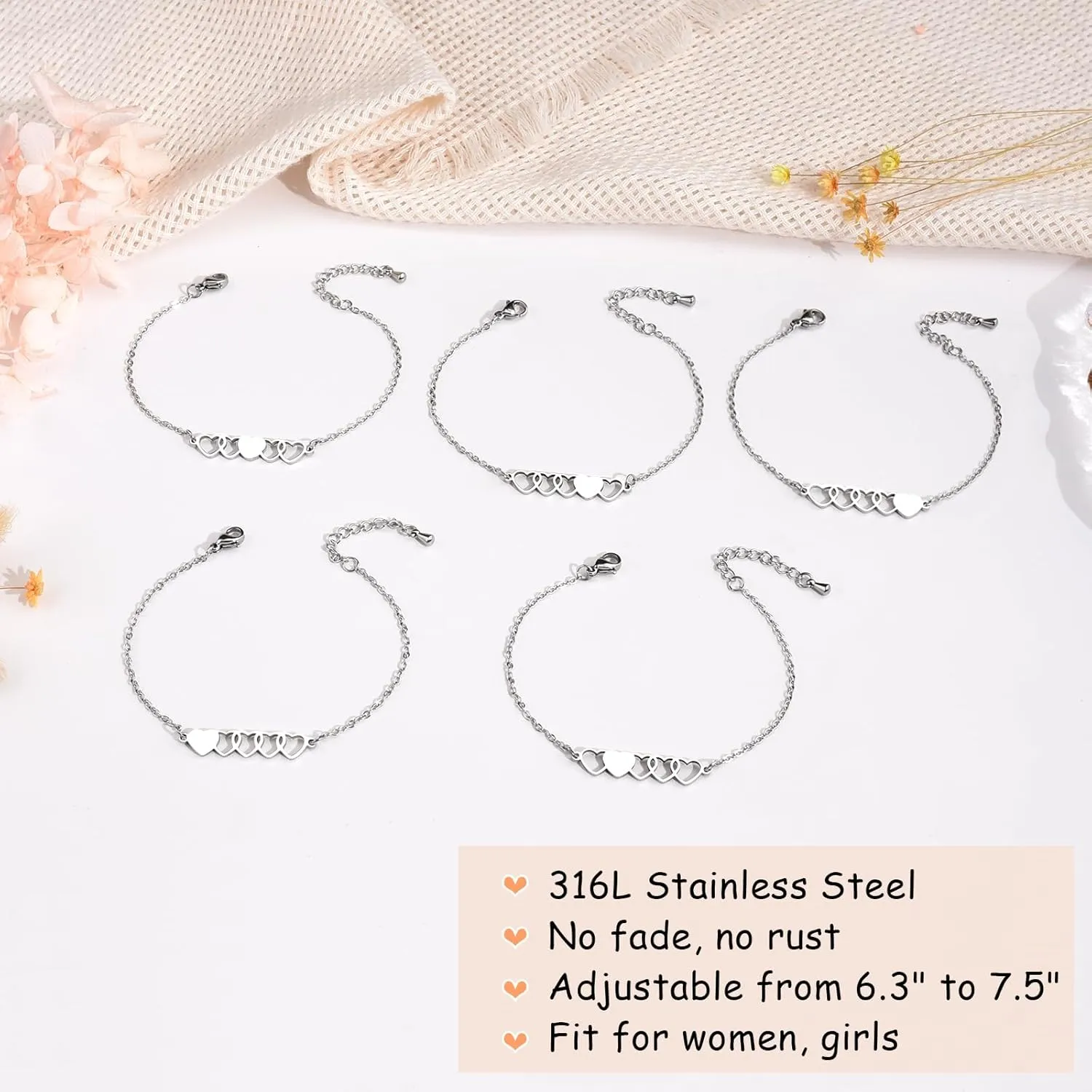 2/3/4/5 PCS Best Friend Sister Bracelet Heart Matching Friendship Distance Bracelets for Women BFF Bestie Daughter Niece Birthday Valentines Day Gifts
