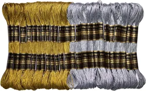 24 Skeins Metallic Embroidery Thread -Cross Stitch Threads - Friendship Bracelets String - Crafts Floss Gold and Sliver