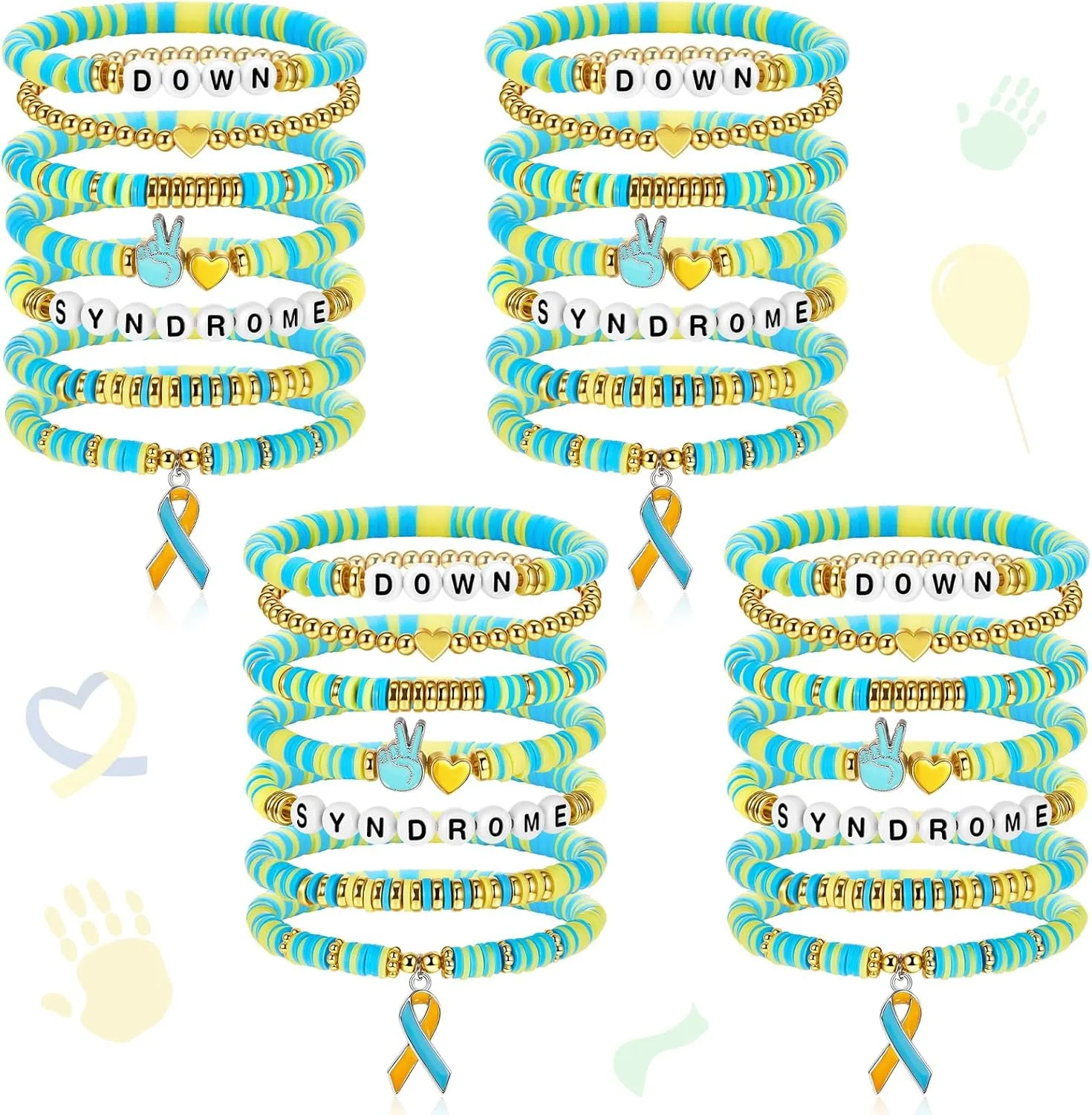 28 Pcs Down Syndrome Awareness Bracelet bulk including 7 Styles Stackable Rainbow Vinyl Disc Clay Beaded Stretch Bracelets Down Syndrome Gifts for Kids