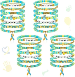 28 Pcs Down Syndrome Awareness Bracelet bulk including 7 Styles Stackable Rainbow Vinyl Disc Clay Beaded Stretch Bracelets Down Syndrome Gifts for Kids