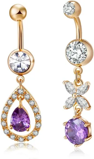2Pcs 14G Purple CZ Butterfly Teardrop Dangle Belly Button Rings for Women 18K Gold Plated Stainless Steel Navel Ring 3/8" 10mm Curved Barbell Dangling Body Piercing Jewelry