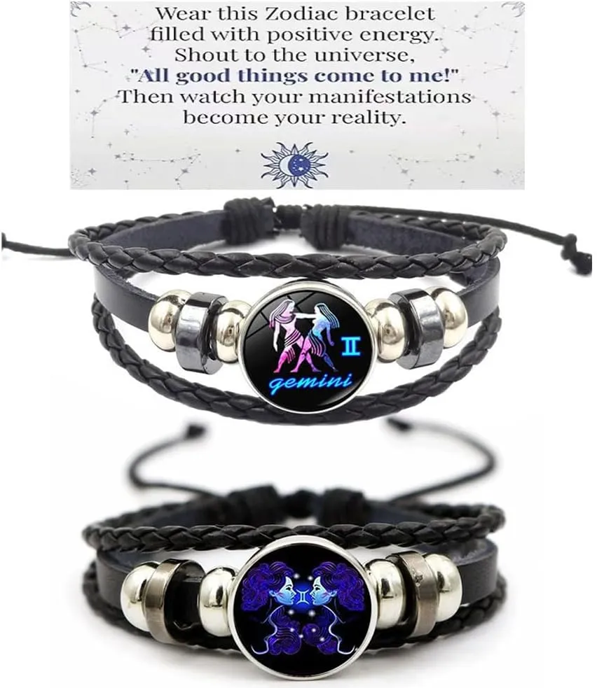 2Pcs Layered Zodiac Leather Bracelets Constellation Bracelet for Women Men Braided Zodiac Sign Spirit Bracelet Mothers Day Birthday BFF Jewelry