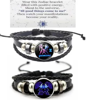 2Pcs Layered Zodiac Leather Bracelets Constellation Bracelet for Women Men Braided Zodiac Sign Spirit Bracelet Mothers Day Birthday BFF Jewelry