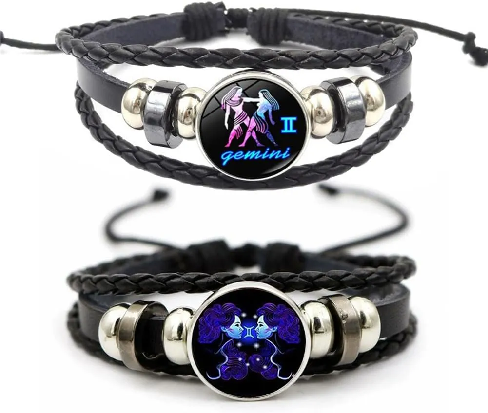2Pcs Layered Zodiac Leather Bracelets Constellation Bracelet for Women Men Braided Zodiac Sign Spirit Bracelet Mothers Day Birthday BFF Jewelry
