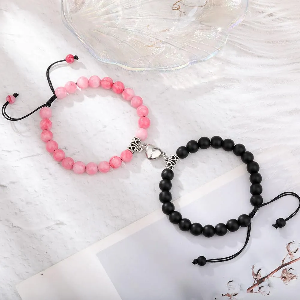 2Pcs Volcanic Stone Beaded Heart Matching Bracelets Colorful Natural Stone Mutual Attraction Long Distance Stretch Bracelet for Women Men Couple Friendship Valentine's Day Jewelry Gifts