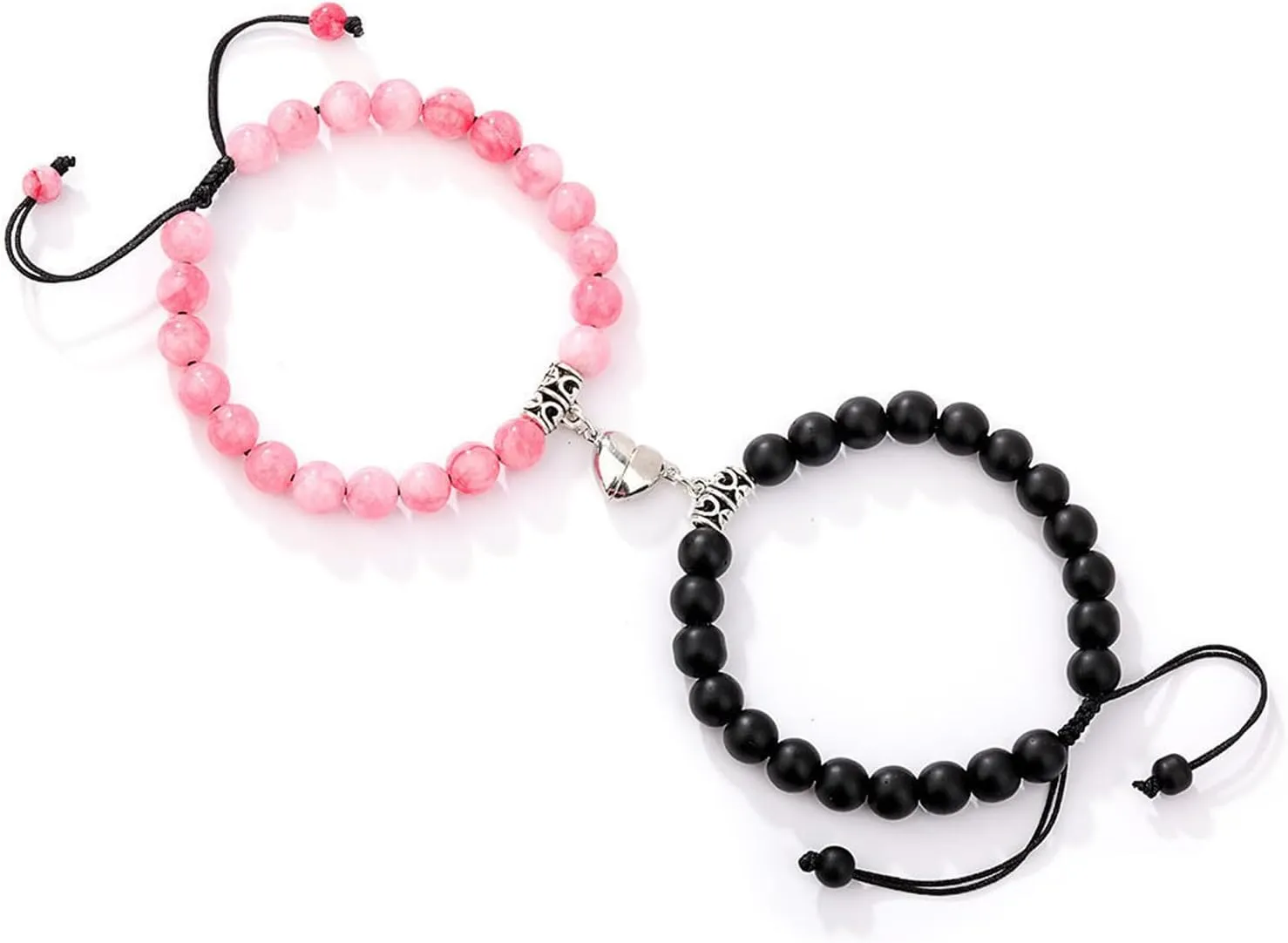2Pcs Volcanic Stone Beaded Heart Matching Bracelets Colorful Natural Stone Mutual Attraction Long Distance Stretch Bracelet for Women Men Couple Friendship Valentine's Day Jewelry Gifts