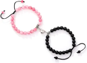 2Pcs Volcanic Stone Beaded Heart Matching Bracelets Colorful Natural Stone Mutual Attraction Long Distance Stretch Bracelet for Women Men Couple Friendship Valentine's Day Jewelry Gifts