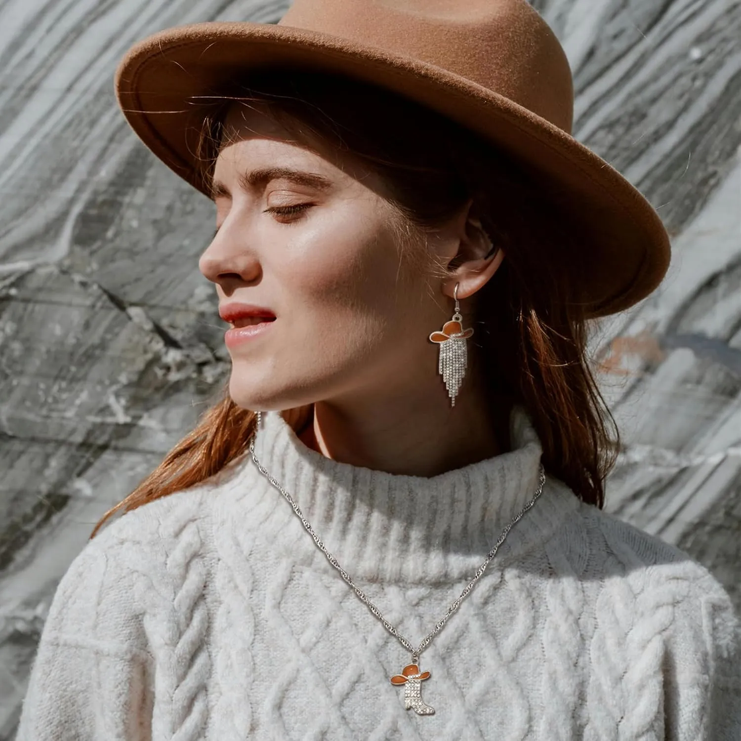 2pcs Western Earrings Necklace Jewelry Set,Sparkly Rhinestone Tassels Cowgirl Earrings Crystal Boots with Enamel Cowboy Hat Pendant Necklac for Women,Wild West Country Rustic Style
