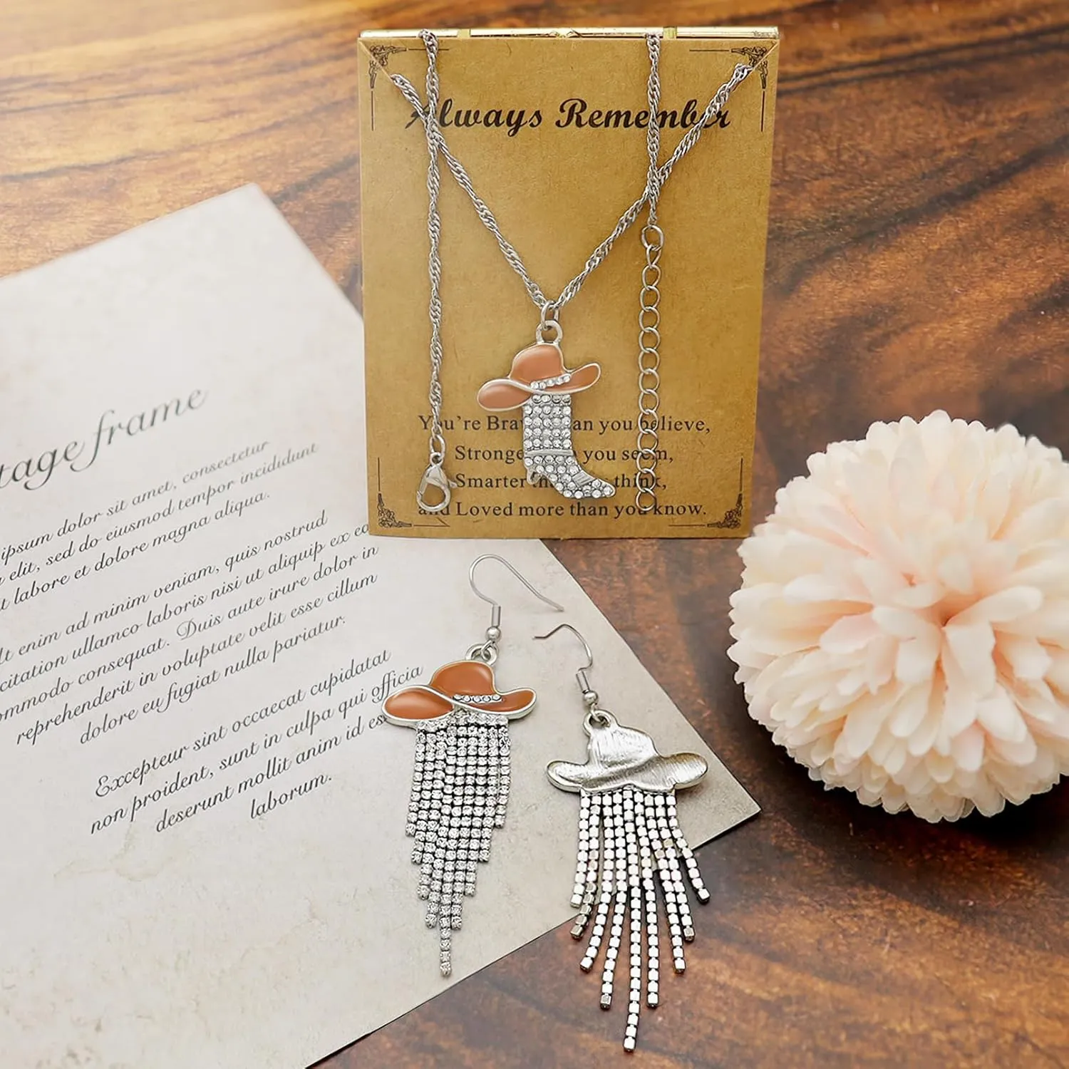 2pcs Western Earrings Necklace Jewelry Set,Sparkly Rhinestone Tassels Cowgirl Earrings Crystal Boots with Enamel Cowboy Hat Pendant Necklac for Women,Wild West Country Rustic Style