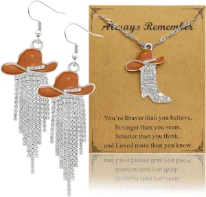 2pcs Western Earrings Necklace Jewelry Set,Sparkly Rhinestone Tassels Cowgirl Earrings Crystal Boots with Enamel Cowboy Hat Pendant Necklac for Women,Wild West Country Rustic Style