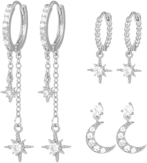 3 Pairs Silver Hoop Earrings Set - Dainty and Cute Chain EarringsHypoallergenic Moon Star Earring Stacks,Earring Set for Women with Multiple Piercings