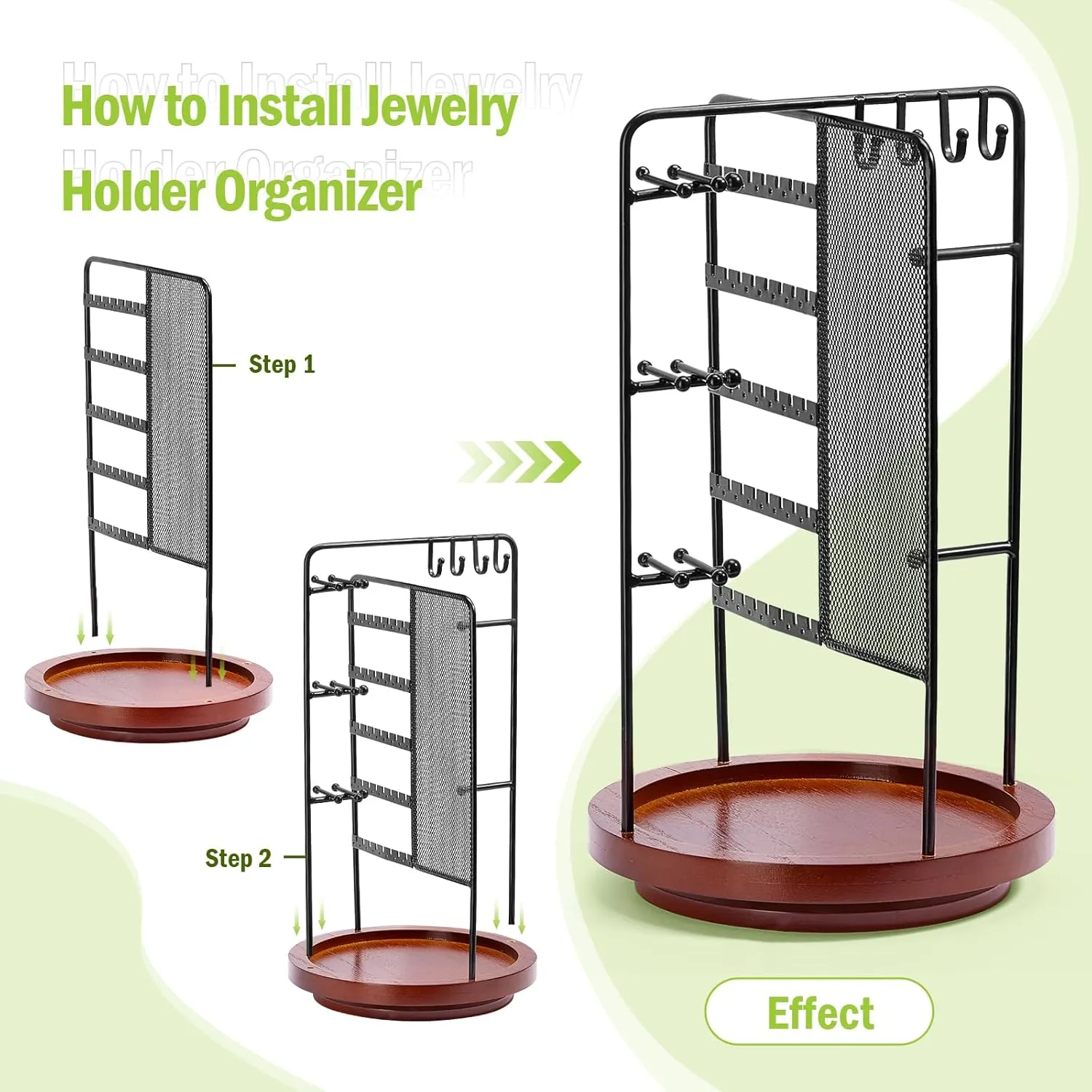 360 Rotating Jewelry Organizer Stand, Earring Holder Organizer with Hooks and Solid Wood Base, Jewelry Organizer for Necklaces, Bracelets, Earrings, Rings, Jewelry Stand for Women Girl, Black