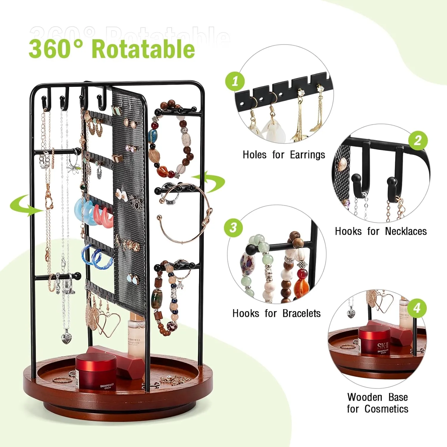 360 Rotating Jewelry Organizer Stand, Earring Holder Organizer with Hooks and Solid Wood Base, Jewelry Organizer for Necklaces, Bracelets, Earrings, Rings, Jewelry Stand for Women Girl, Black