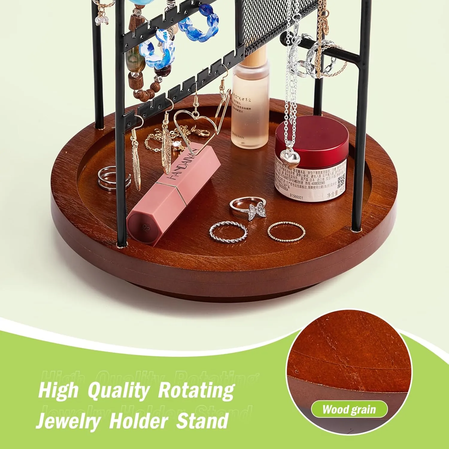 360 Rotating Jewelry Organizer Stand, Earring Holder Organizer with Hooks and Solid Wood Base, Jewelry Organizer for Necklaces, Bracelets, Earrings, Rings, Jewelry Stand for Women Girl, Black