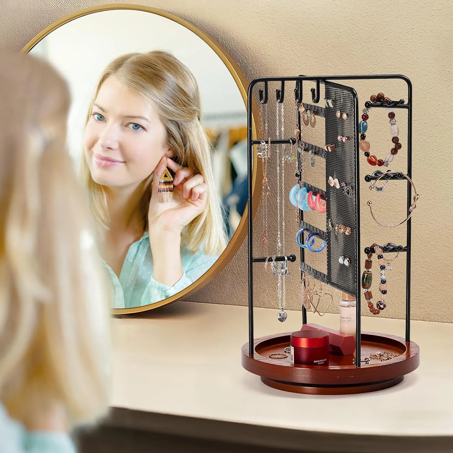 360 Rotating Jewelry Organizer Stand, Earring Holder Organizer with Hooks and Solid Wood Base, Jewelry Organizer for Necklaces, Bracelets, Earrings, Rings, Jewelry Stand for Women Girl, Black