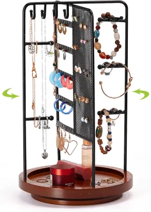 360 Rotating Jewelry Organizer Stand, Earring Holder Organizer with Hooks and Solid Wood Base, Jewelry Organizer for Necklaces, Bracelets, Earrings, Rings, Jewelry Stand for Women Girl, Black