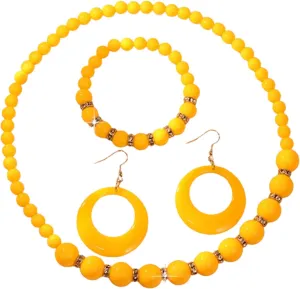 3Pcs Colorful Acrylic Round Beaded Necklace Bracelet Earrings Set Vintage Lightweight Resin Neon Beads Choker Necklace Geometric Statement Necklace for Women 70S 80S Costume Party Jewelry