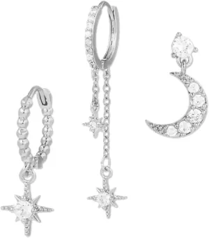 3PCS Earrings for Women Silver Moon Star Dainty Stud Hoop Earrings Silver Plated Twisted Hoop Earrings for Three Holes Earrings Stack