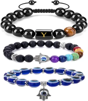 3Pcs Initial Letter Bracelet Charm Alphabet Chakra Beaded Evil Eye Bracelets for Women Men Protection Jewelry