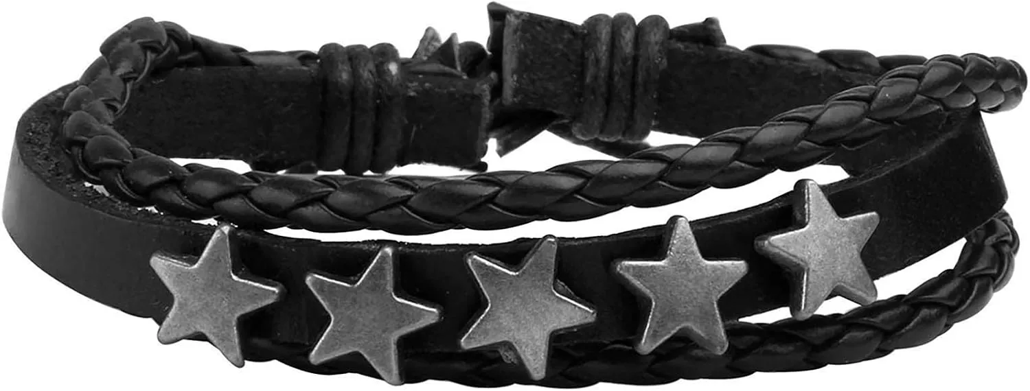 4-10 Pcs Leather Bracelets Set for Women Men Braided Wooden Beads Wrap Cuff Cord Adjustable
