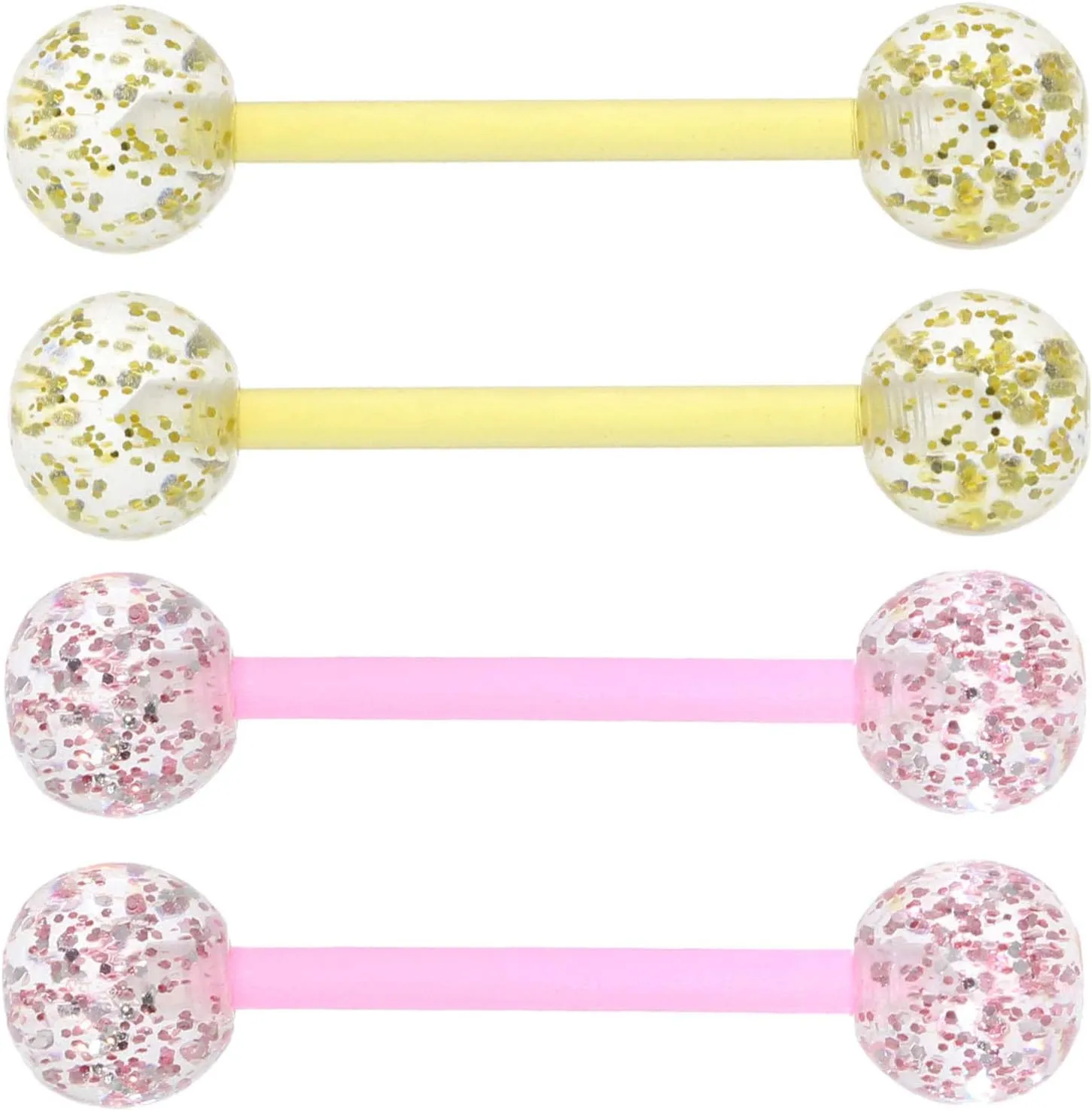 4 Pieces 14G Flexible Bioplast Plastic Tongue Piercing Rings Nipple Barbells 6mm Gold Pink Glitter Acrylic Balls