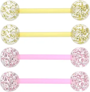 4 Pieces 14G Flexible Bioplast Plastic Tongue Piercing Rings Nipple Barbells 6mm Gold Pink Glitter Acrylic Balls