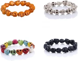 4pcs Colorful Halloween Skeleton Skull Head Bracelets Set Tibetan Prayer Mala Stone Bead Bone Elastic Adjustable Strand for Women Men Gothic Party Punk Personality Festival Jewelry