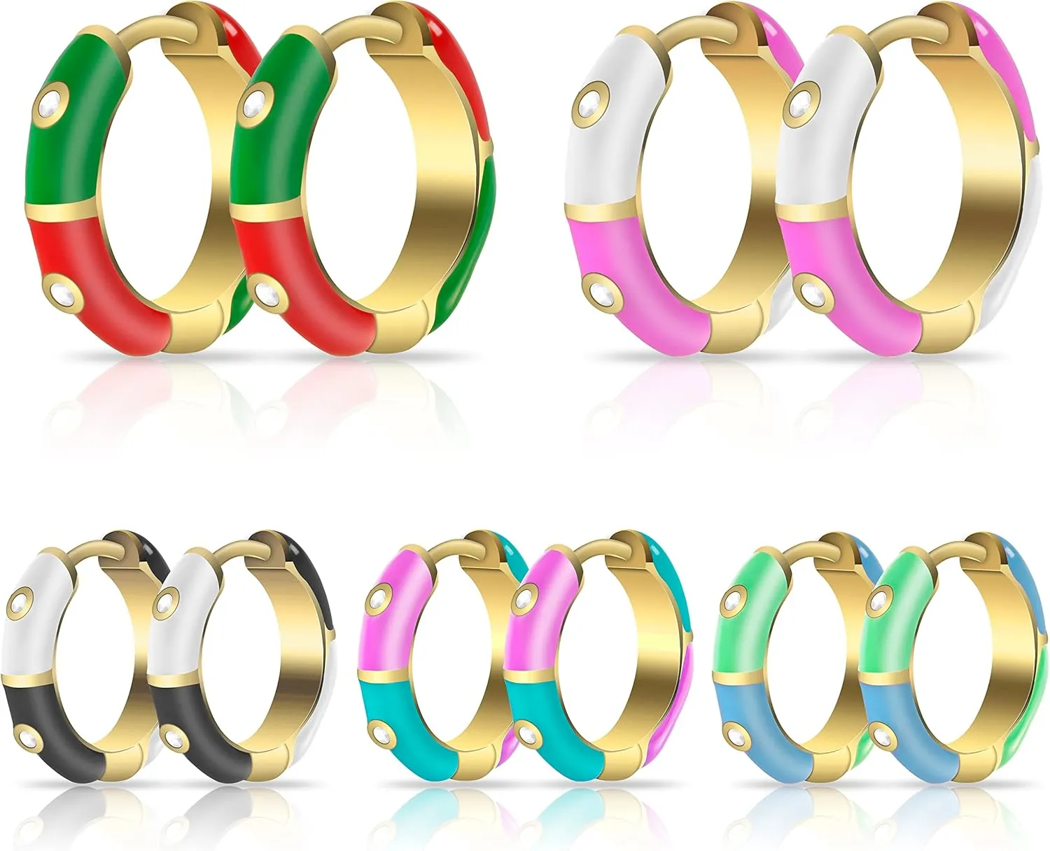 5 Pairs 18K Gold Plated Fashion Enamel Earrings,CZ Small Mini Round Circle Charm Lourny Cute Hoop Earrings,Dainty's Lady Earrings,Gold Huggie Earrings for Women Gifts for Her
