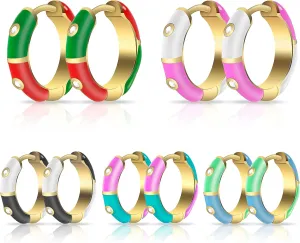 5 Pairs 18K Gold Plated Fashion Enamel Earrings,CZ Small Mini Round Circle Charm Lourny Cute Hoop Earrings,Dainty's Lady Earrings,Gold Huggie Earrings for Women Gifts for Her