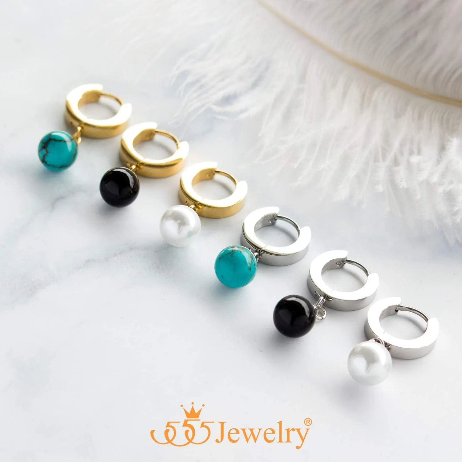 555Jewelry Stainless Steel Huggie Dangle Pearl, Onyx, Turquoise Earrings for Women