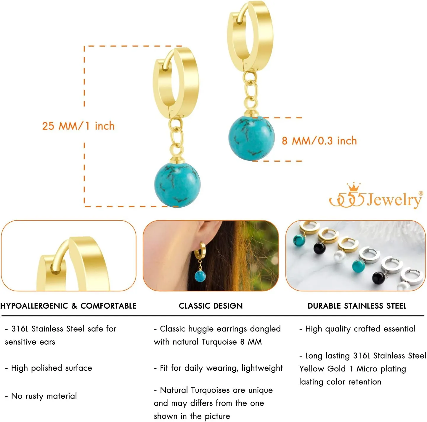 555Jewelry Stainless Steel Huggie Dangle Pearl, Onyx, Turquoise Earrings for Women