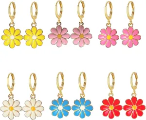 6 Pairs Daisy Flower Earrings for Women Cute Flower Small Dangle Drop Gold Vintage Daisy Huggie Hoop Earrings Statement Jewelry
