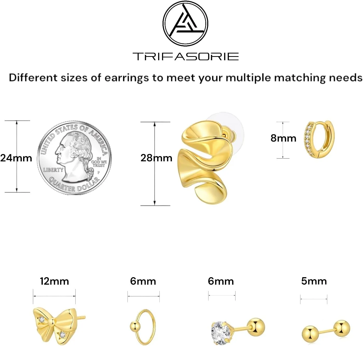 6 Pairs Gold Stud Earrings for Women, 14K Gold Plated Bow Stud Earrings for Women Ribbon Bow Stud Earrings Set Hypoallergenic for Sensitive Ears Jewelry Gift for Thanksgiving Christmas