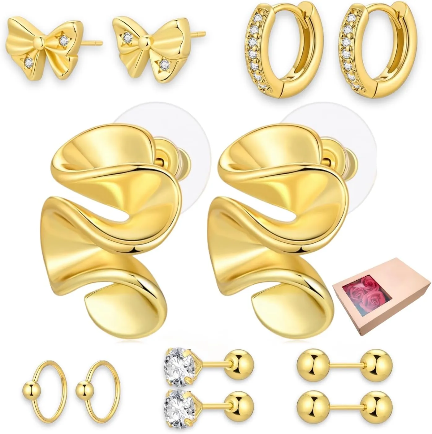 6 Pairs Gold Stud Earrings for Women, 14K Gold Plated Bow Stud Earrings for Women Ribbon Bow Stud Earrings Set Hypoallergenic for Sensitive Ears Jewelry Gift for Thanksgiving Christmas