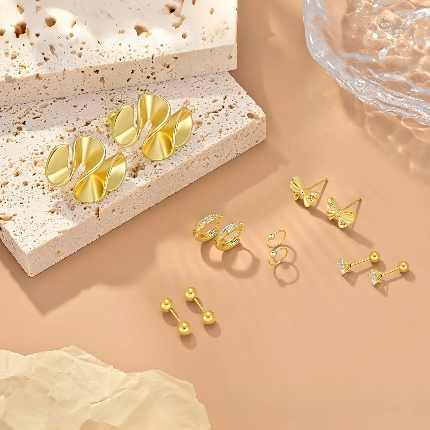 6 Pairs Gold Stud Earrings for Women, 14K Gold Plated Bow Stud Earrings for Women Ribbon Bow Stud Earrings Set Hypoallergenic for Sensitive Ears Jewelry Gift for Thanksgiving Christmas