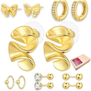 6 Pairs Gold Stud Earrings for Women, 14K Gold Plated Bow Stud Earrings for Women Ribbon Bow Stud Earrings Set Hypoallergenic for Sensitive Ears Jewelry Gift for Thanksgiving Christmas