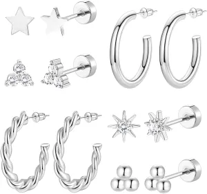 6 Pairs Stainless Steel Earrings 14K Gold Plated Flat Back Stud Earrings for Women Men Multiple Style Lightweight Dainty Trendy Jewelry Star Triangle Sun Ball Dangle Huggie Hoop Earrings Stacks
