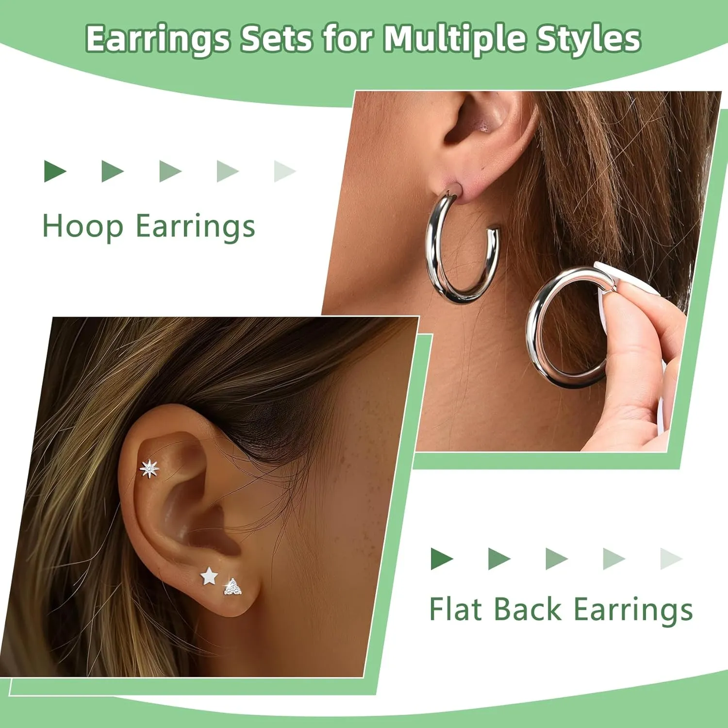 6 Pairs Stainless Steel Earrings 14K Gold Plated Flat Back Stud Earrings for Women Men Multiple Style Lightweight Dainty Trendy Jewelry Star Triangle Sun Ball Dangle Huggie Hoop Earrings Stacks