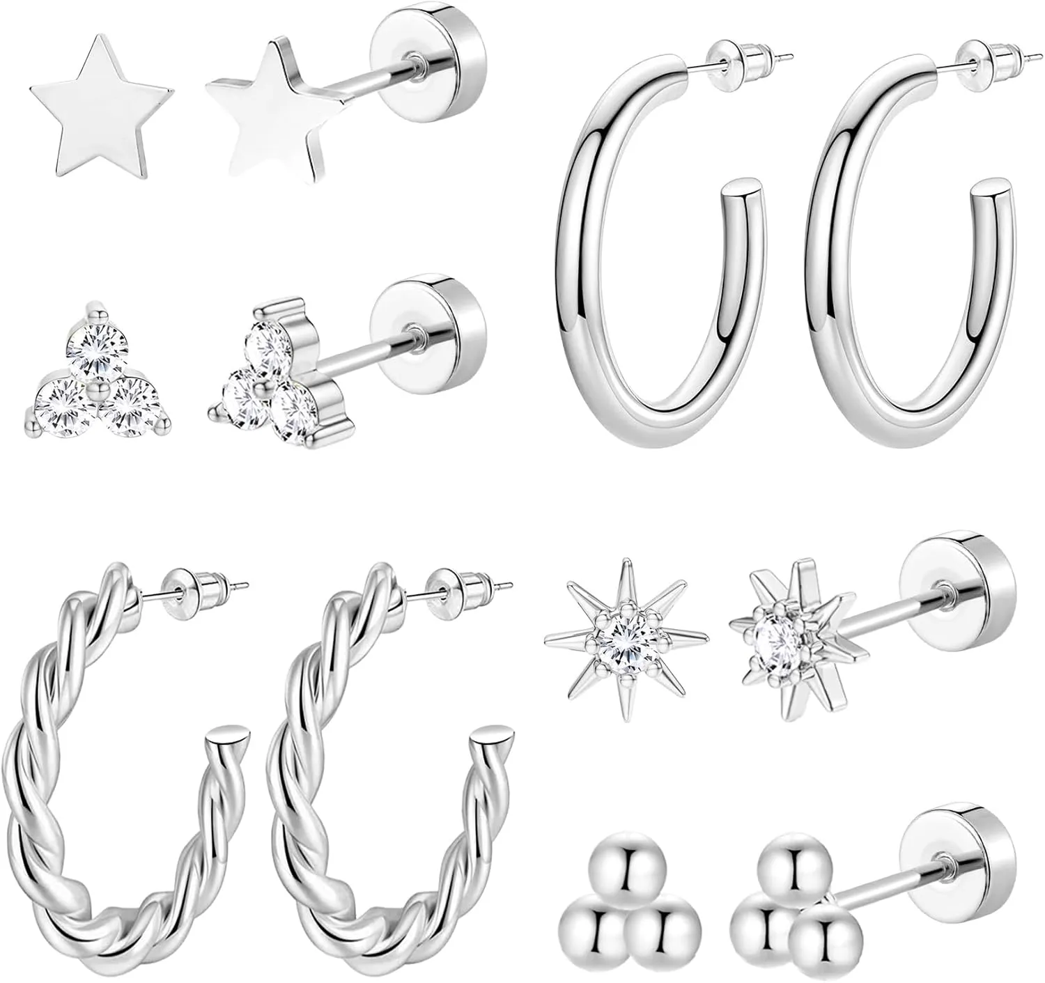 6 Pairs Stainless Steel Earrings 14K Gold Plated Flat Back Stud Earrings for Women Men Multiple Style Lightweight Dainty Trendy Jewelry Star Triangle Sun Ball Dangle Huggie Hoop Earrings Stacks