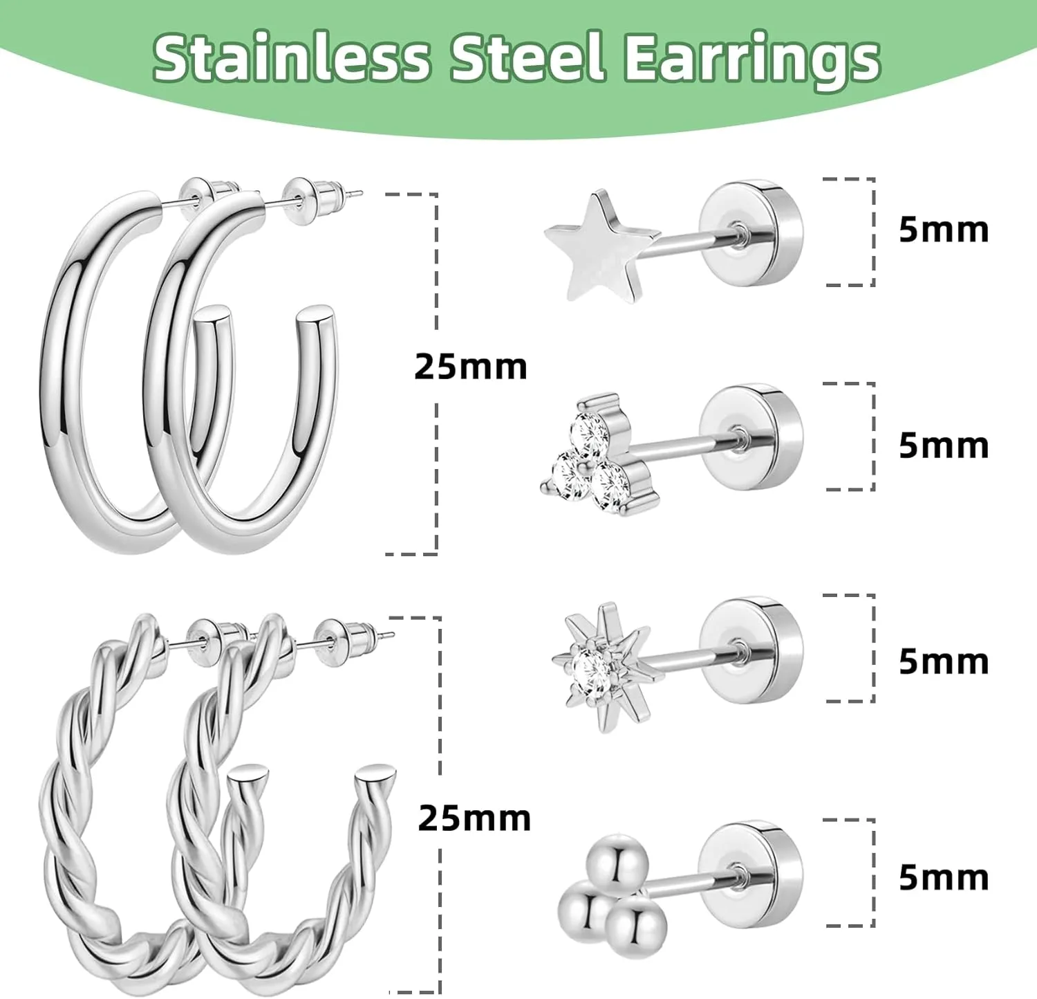 6 Pairs Stainless Steel Earrings 14K Gold Plated Flat Back Stud Earrings for Women Men Multiple Style Lightweight Dainty Trendy Jewelry Star Triangle Sun Ball Dangle Huggie Hoop Earrings Stacks