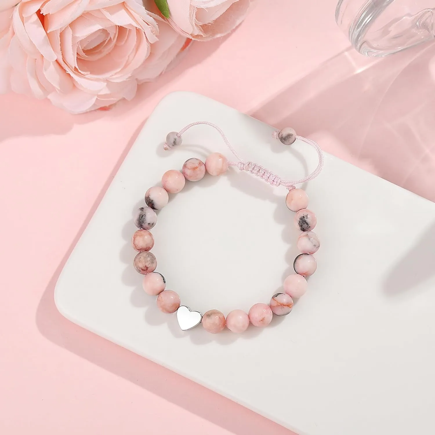 6th-13th Girls Birthday Bracelet, Pink Zebra Natural Stone Heart Pendant Bracelet Gift