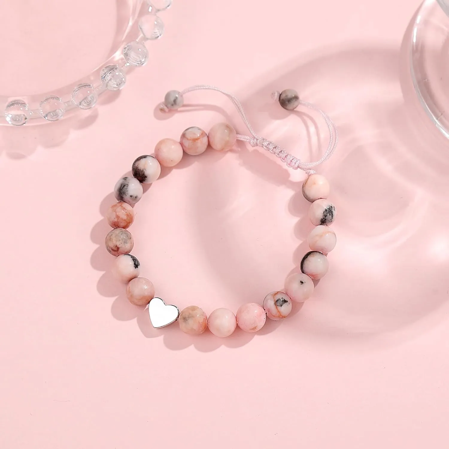 6th-13th Girls Birthday Bracelet, Pink Zebra Natural Stone Heart Pendant Bracelet Gift