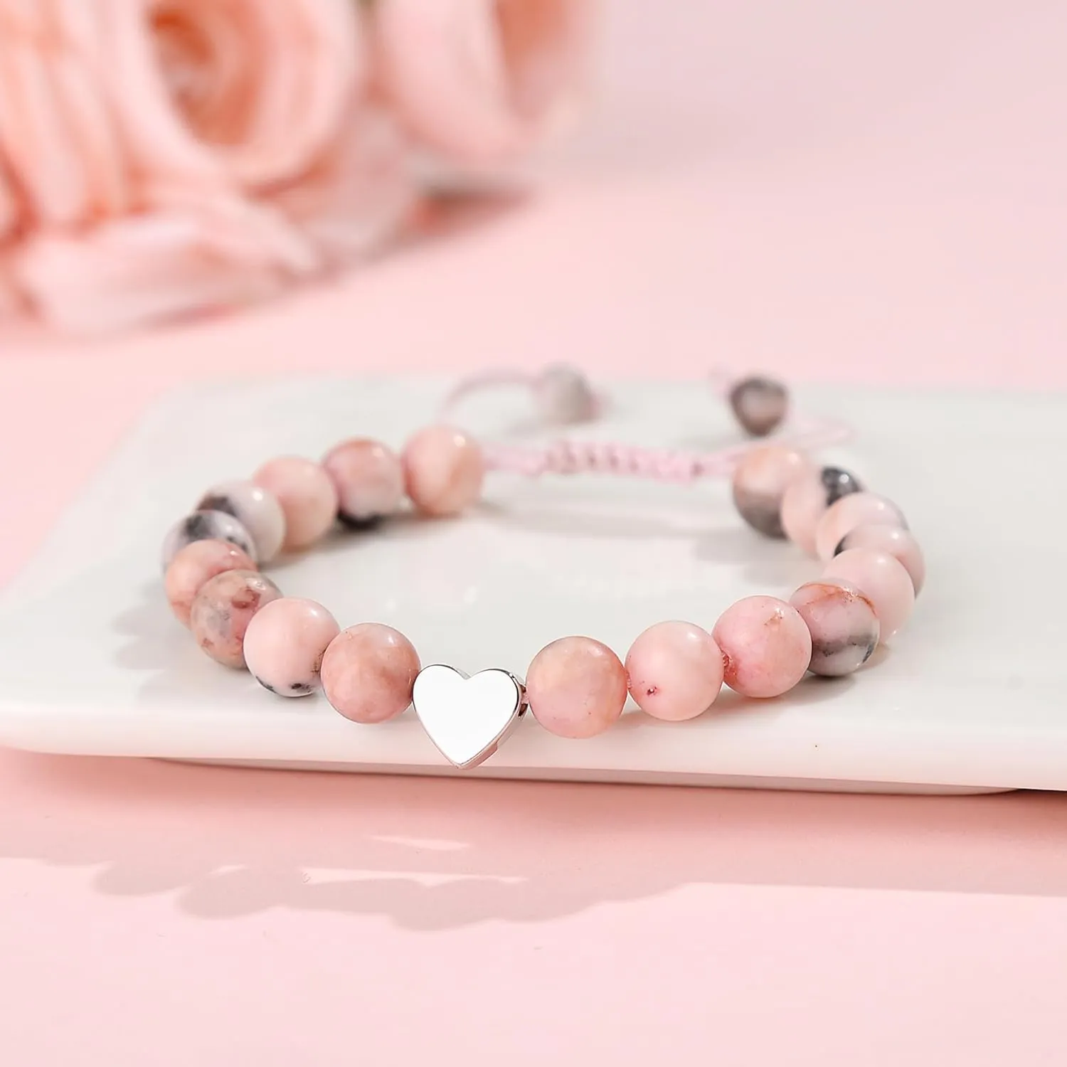 6th-13th Girls Birthday Bracelet, Pink Zebra Natural Stone Heart Pendant Bracelet Gift