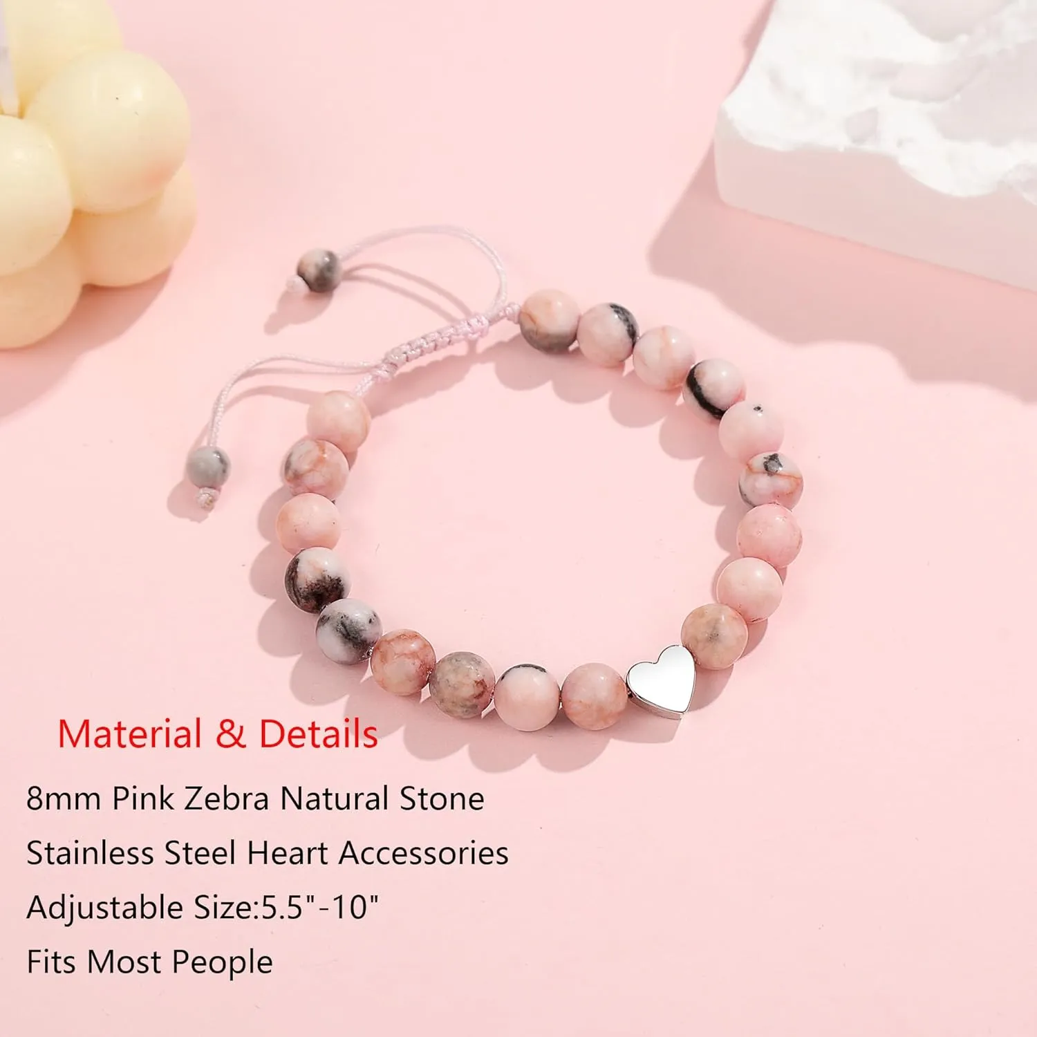 6th-13th Girls Birthday Bracelet, Pink Zebra Natural Stone Heart Pendant Bracelet Gift