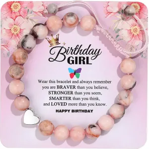 6th-13th Girls Birthday Bracelet, Pink Zebra Natural Stone Heart Pendant Bracelet Gift