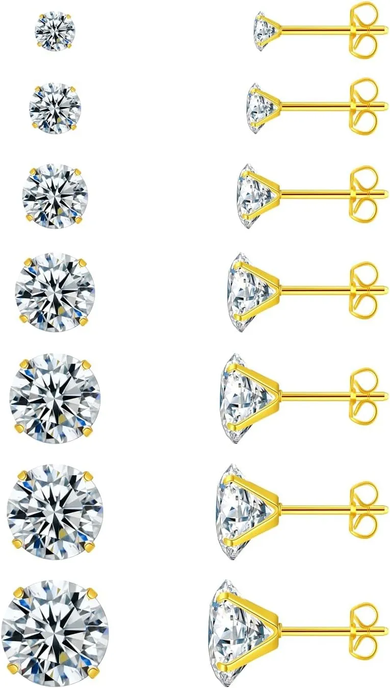 7 Pairs Stud Earrings Week Set,925 Sterling Silver Hypoallergenic 5A Cubic Zirconia 24K Gold Plated Earrings for Women CZ Earrings 3-9mm