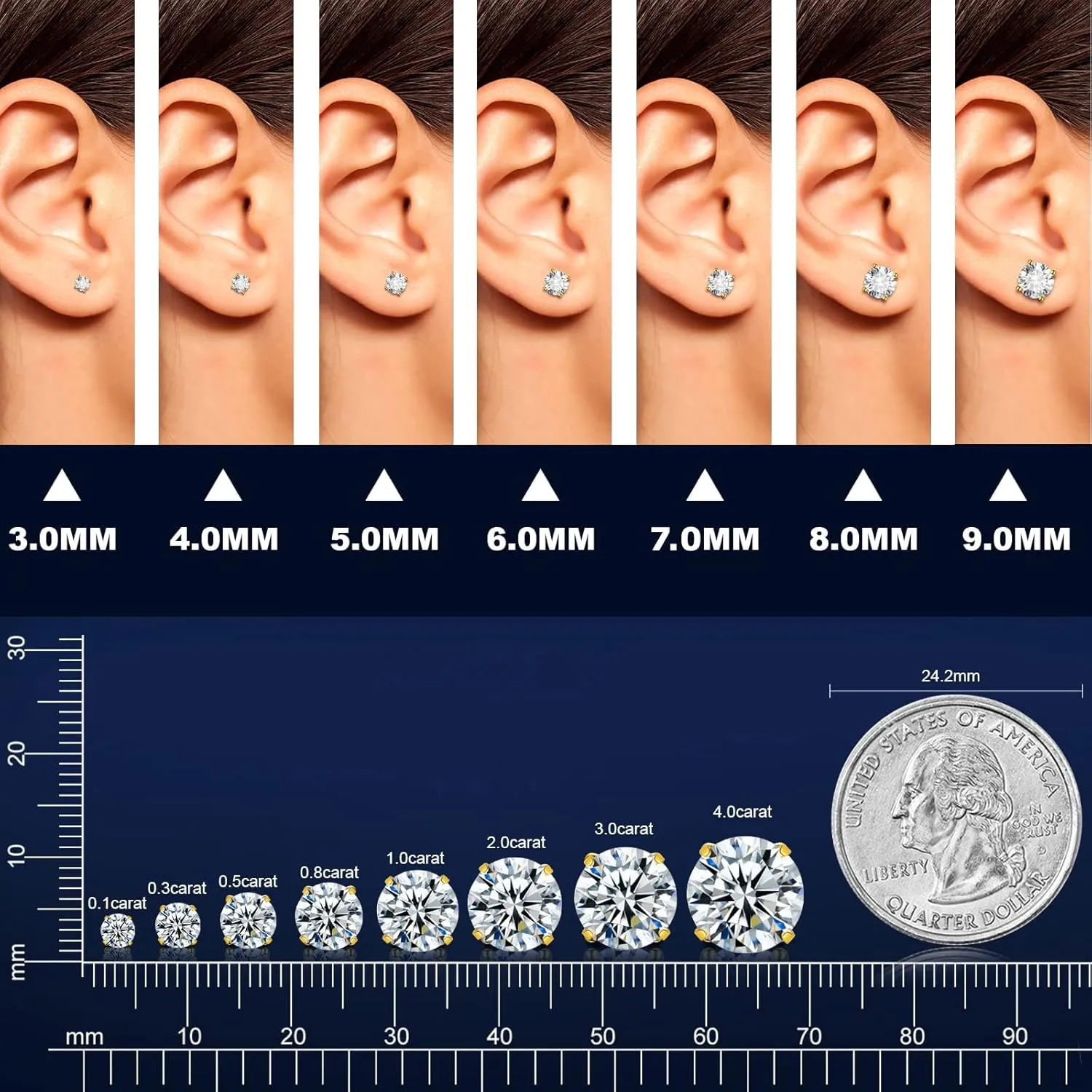 7 Pairs Stud Earrings Week Set,925 Sterling Silver Hypoallergenic 5A Cubic Zirconia 24K Gold Plated Earrings for Women CZ Earrings 3-9mm